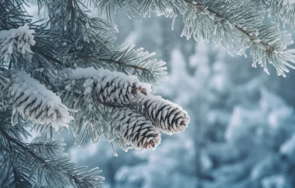 Winter, frost, forest, macro, snow, branches, nature, spruce