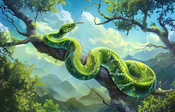 Mountains, Snake, Trees, Art, Reptile, Animal, Digital art, AI art