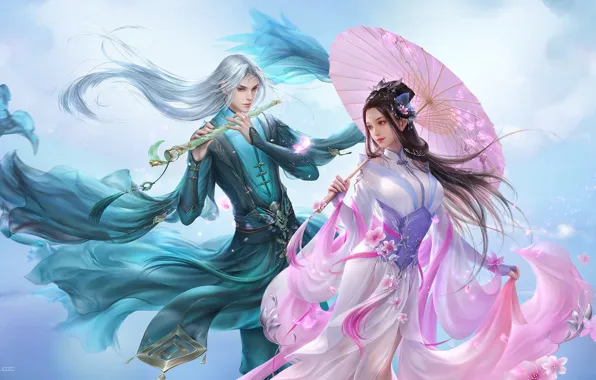 Flowers, the game, spring, Sakura, fantasy, art, pair, bard