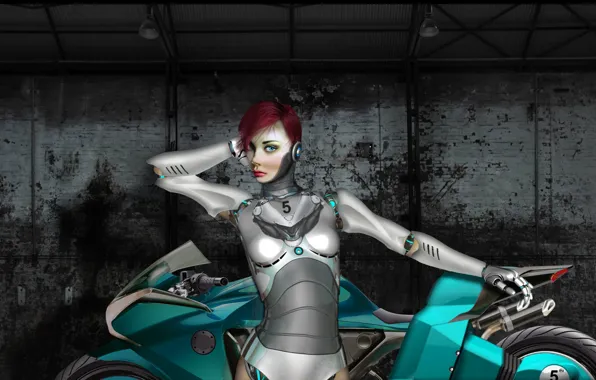 Girl, metal, robot, art, motorcycle