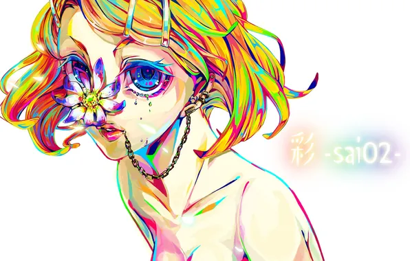 Picture girl, the inscription, butterfly, colorful, piercing, tears, art, chain