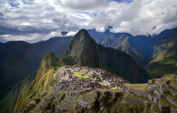 The sky, clouds, mountains, the city, the ruins, ruins, Peru, Machu Picchu
