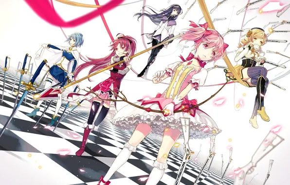 Weapons, girls, dress, bow, swords, spear, muskets, mahou shoujo madoka magica