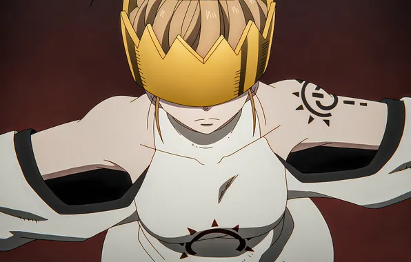 Chest, anime, crown, tattoo, anime, high quality, blonde hair, white cloaks