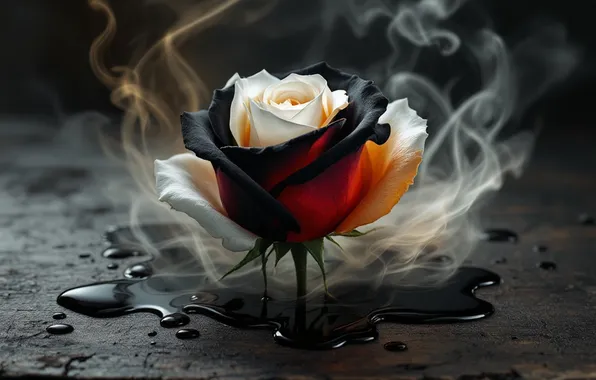 Flower, smoke, rose, puddle, couples, black, white, black background
