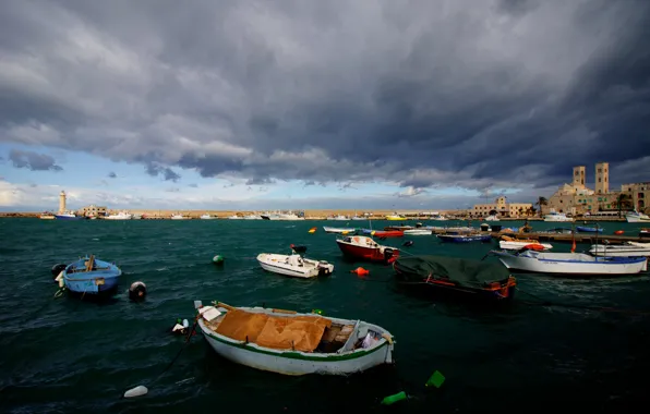 Picture sea, boat, tower, home, Bay, Italy, Apulia, Molfetta