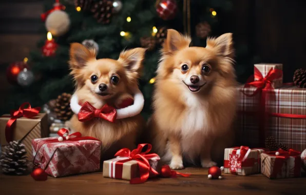 Dogs, look, lights, dog, Christmas, gifts, New year, friends