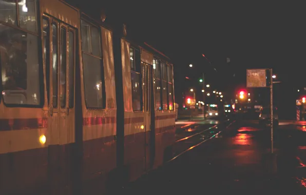 Night, the city, transport, rails, traffic light, tram, Petersburg