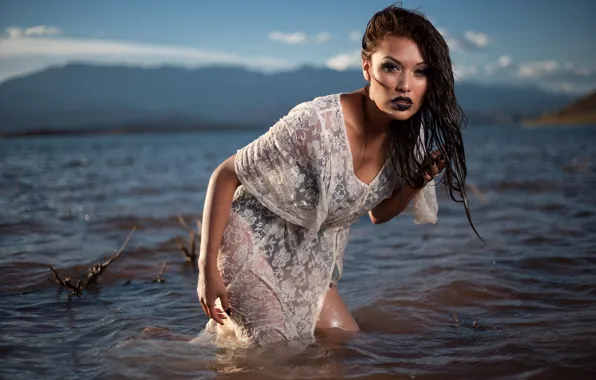 Picture wave, water, girl, makeup