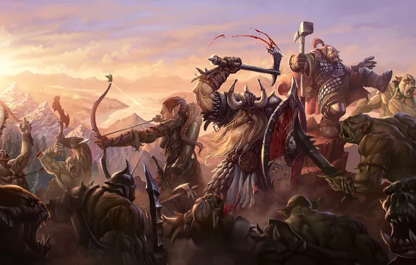 Picture girl, warrior, art, battle, elf, dwarf, orcs, Cronicas