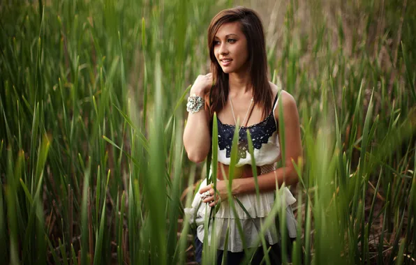 Picture grass, girl, nature, face, smile, background, Wallpaper, brown hair