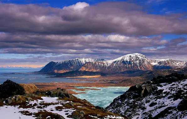 Sea, water, clouds, snow, mountains, nature, rocks, shore.