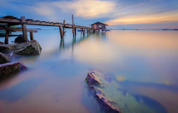 Sea, the sky, clouds, sunset, boat, the evening, pier, pierce
