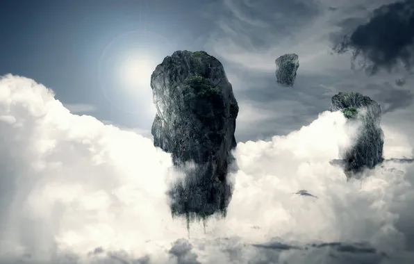 The sky, clouds, rocks, flying