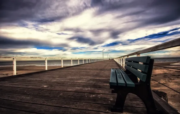 Sea, landscape, bridge, bench