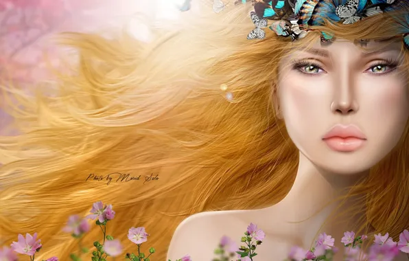 Look, girl, flowers, butterfly