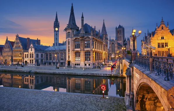 Night, bridge, lights, river, home, Belgium, Flanders, Ghent