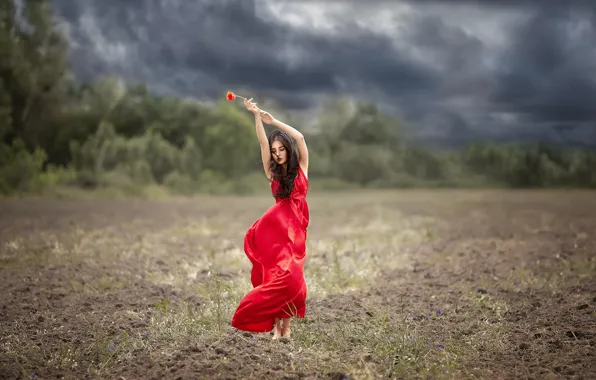 Field, clouds, dance, barefoot, space, one, nature, the girl in the red dress