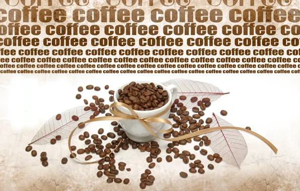 The inscription, coffee, mug, coffee beans, leaves, ribbon, coffee