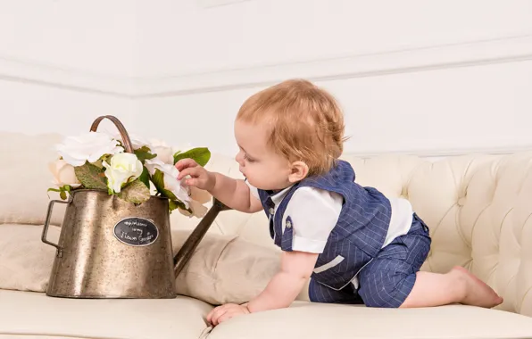 Flowers, sofa, child, boy, lake, considering