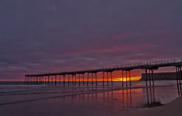 Sea, landscape, sunset, bridge