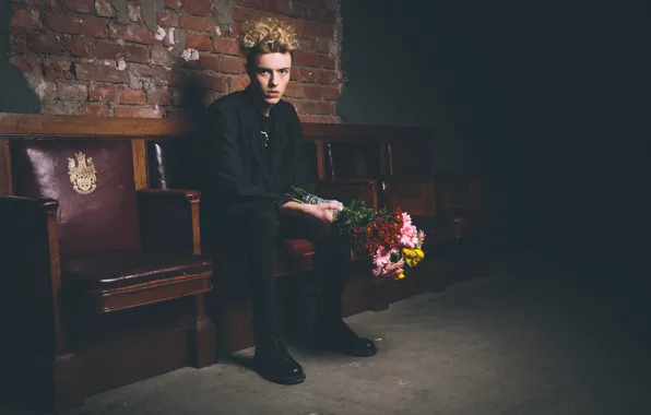 Flowers, darkness, hair, bouquet, male, seat, direct look, black clothes