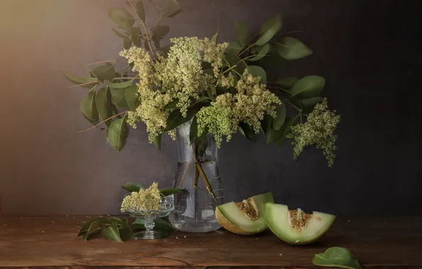 Leaves, flowers, branches, table, bouquet, vase, fruit, still life