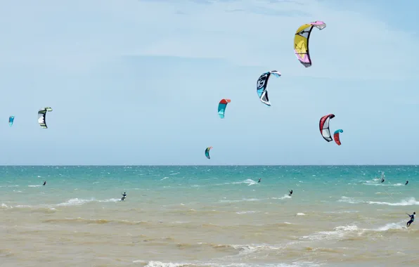 Picture sea, the sky, the wind, parachute, Board, kitesurfing