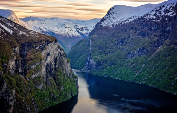 Snow, trees, mountains, rocks, Norway, the fjord, GEIRANGERFJORDEN
