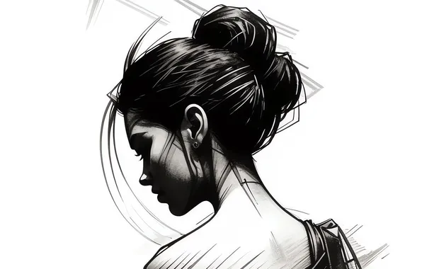 Picture minimalism, girls, hair, black and white, drawing, portrait, backwards, backdrop
