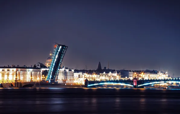 Night, bridge, lights, river, Russia, promenade, Peter, Saint Petersburg