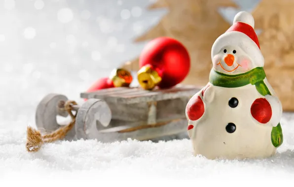 Balls, decoration, toy, New Year, Christmas, snowman, sled, Christmas