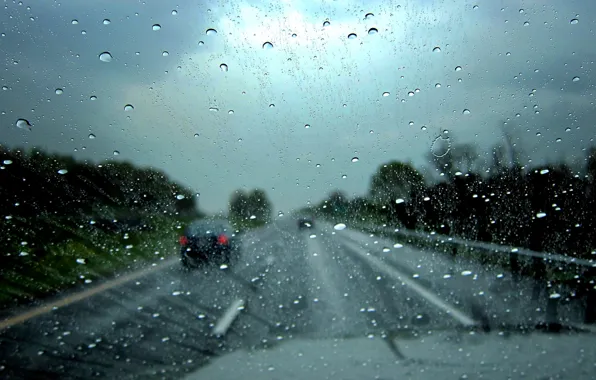 Road, glass, drops, macro, machine, rain, the hood