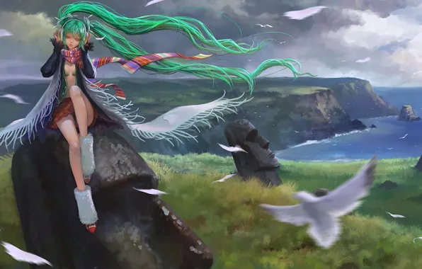 Picture girl, birds, stones, the wind, island, feathers, art, vocaloid