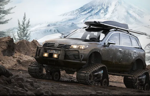 Picture mountains, SUV, render, Volkswagen Touareg