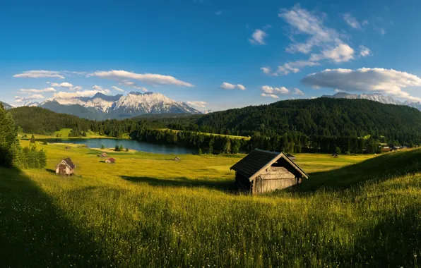 Picture field, grass, light, mountains, Alps, meadow, panorama, house