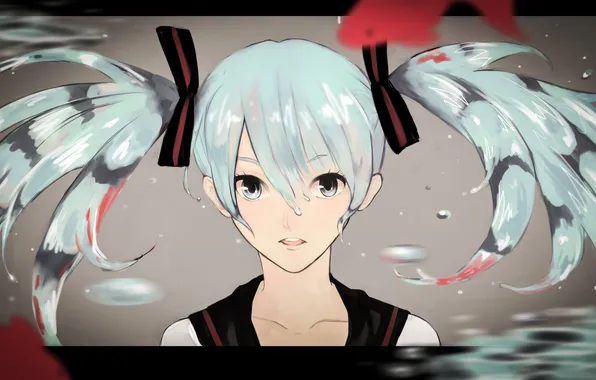 Water, girl, drops, fish, face, vocaloid, hatsune miku, tails