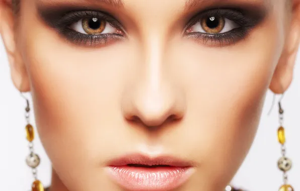 Picture look, girl, earrings, brown eyes, face. closeup