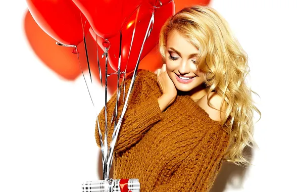 Girl, smile, balloons, gift, blonde, Valentine's day, sweater, Halay Alex