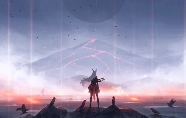 Girl, the volcano, lava, crows