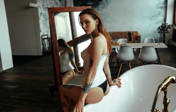Ass, look, girl, sexy, pose, reflection, table, room