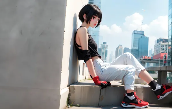 City, the city, anime, brunette, girl, girl, Mirror's Edge, anime