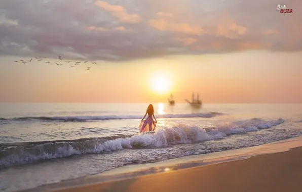 HORIZON, The SKY, SAND, CLOUDS, SHIPS, DRESS, SURF, MAST