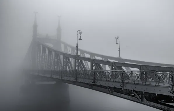 Bridge, the city, fog, haze, black and white photo