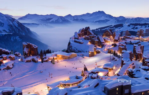 Winter, the sky, snow, mountains, lights, home, town, resort