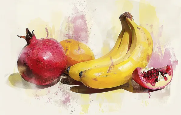 Bananas, fruit, light background, grenades, imitation of watercolor, AI art, neural network