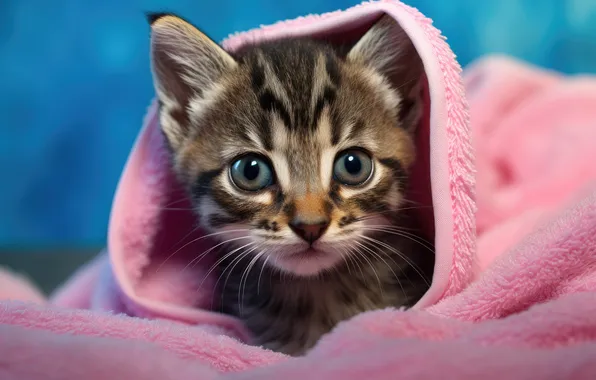 Cat, look, pose, kitty, grey, portrait, towel, pink