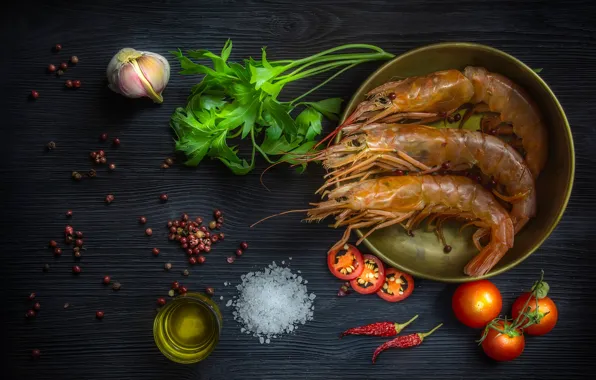 Greens, the dark background, Board, oil, food, pepper, bowl, tomatoes