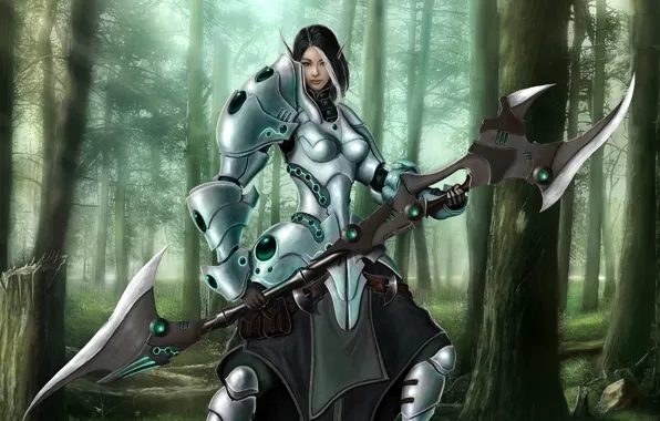 Picture forest, girl, weapons, elf, armor, fantasy, art, fantasy