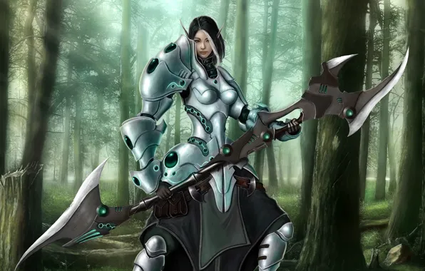 Forest, girl, weapons, elf, armor, fantasy, art, fantasy